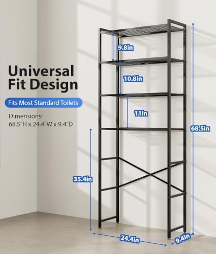 4-Tier Over The Toilet Storage Rack, Bathroom Organizer with One-Piece Metal Mesh Shelves, Over Toilet Shelf with Adjustable Feet & Anti-Tip Kit, Space-Saving Bathroom Storage, Black