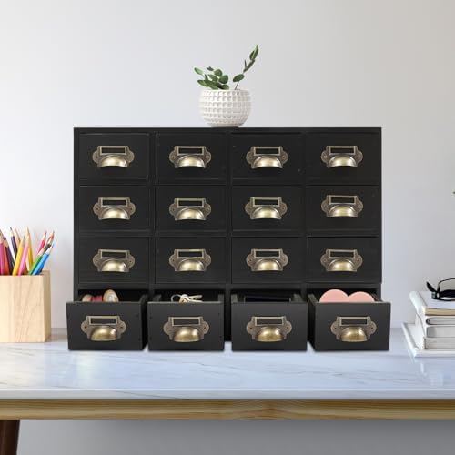 16 Drawers Apothecary Cabinet Library Card Catalog Cabinet Card Catalog Drawer with Metal Handles & Label Slot Wooden Desk Drawer Organizer for Herb Storage, Tea Collection (Black)