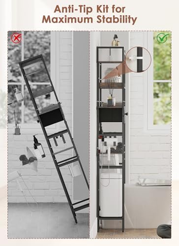 Over The Toilet Storage Rack, 7-Tier Over Toilet Bathroom Organizer with Adjustable Shelf, Above Toilet Storage with Hooks, Space-Saving, Brown Shelf