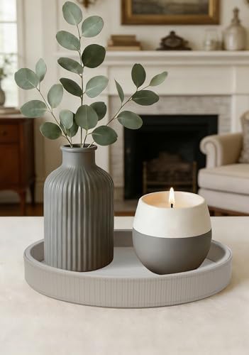 HofferRuffer Round Decorative Tray, Faux Leather Vanity Tray Decor, Decorative Catchall for Perfume, Bathroom Valet, Nightstand or Dresser (Grey Stripe, Round-12" x 12" x 1.6")