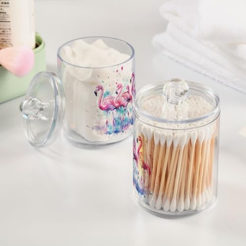 Fustylead 4 Pack Watercolor Pink Flamingos Qtip Holder Dispensers, Bathroom Storage Canister Plastic Apothecary Jar Set for Cotton Swabs, Ball, Pads, Floss