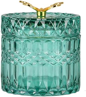 Glass Jewelry Jar with Lid, Cotton Swab Qtips Holder Dispenser Glass Candy Buffet Jar Small Glass Storage Jar Cute Butterfly Lids,Green,Big