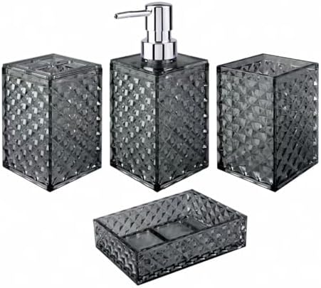 Bathroom Accessory Set, Grid Pattern 4 Pcs Plastic Bathroom Set, Grey