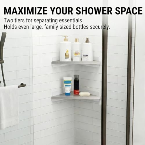 BVL Corner Shower Shelf, 8 Inch Brushed Nickel 2-PACK Bathroom Corner Organizer, 3M Adhesive Wall Mounted Shower Caddy, Waterproof Rustproof Metal Storage Rack for Shampoo Soap