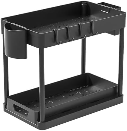 Under Sink Organizer Bathroom Cabinet Storage 2 Tier Rack with 4 Hooks, Baskets, Multi-purpose Shelf for Kitchen, Black Bottom Slide, (1cl-1pc)