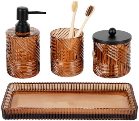 Bathroom Accessories Set,4 Pcs Amber Glass Bathroom Accessories Sets Complete with Lotion Soap Dispenser,Toothbrush Holder,Qtip Holder Dispenser and Vanity Tray,Bathroom Countertop Vanity Organizer