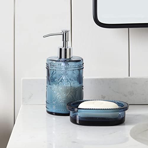 4PCs Teal Blue Glass Bathroom Accessories Set with Decorative Pressed Pattern - Includes Hand Soap Dispenser & Tumbler & Soap Dish & Toothbrush Holder (Dark Blue)