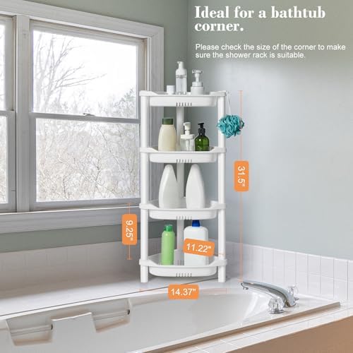 ELYKEN Corner Shower Caddy Standing, 4 Tier Plastic Shower Organizer, White