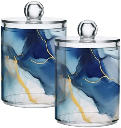 4 Pack Qtip Holder Dispenser with Lids, Watercolor Blue Gold Marble Plastic Storage Containers,Bathroom Canisters Organizer for Cotton Ball, Swab, Round Pads, Floss 21215195