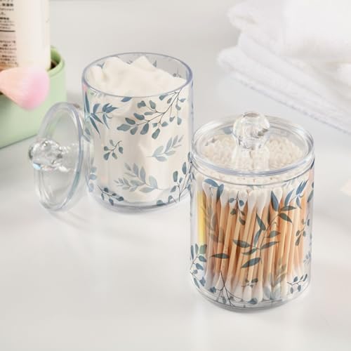 Light Blue Leaves Qtip Holder 2 Pack - 10 Oz Clear Plastic Apothecary Jar Set for Bathroom Organization - Versatile Canister Storage for Cotton Balls, Swabs, Rounds