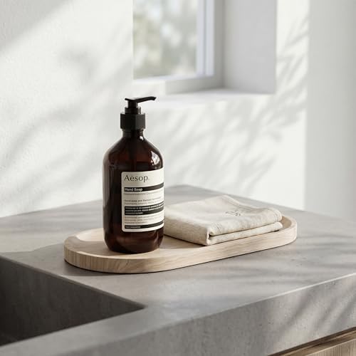 YKAJO Wooden Vein Beige Oval Marble Tray, 11.8x5.9 Perfume Organizer Dish