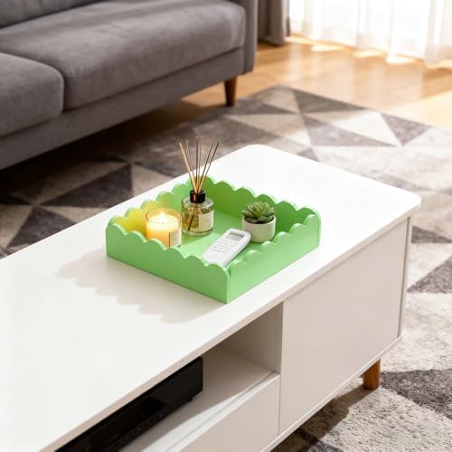 Scalloped Acrylic Tray, 8x8 Inch Glossy Green Acrylic Decorative Tray for Home Decor, Acrylic Organized Tray for Bathroom Vanity Countertop Square Display Tray for Perfume (Square Green)