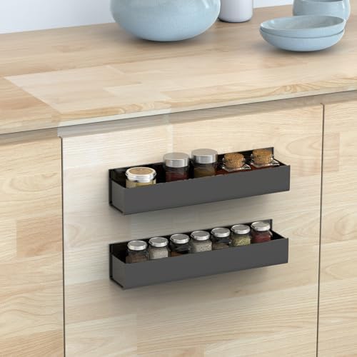 VAEHOLD Adhesive Acrylic Spice Rack with Nano Double Sided Tape Wall Mount Organizer, Black Wall Spice Rack With Shelf Ends for Kitchen Cabinet Door - 2 Pack 12‘’ Shelves