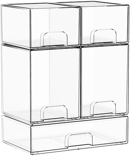 Yieach 5 Set Clear Stackable Storage Drawers and Acrylic Drawer Organizer,BPA Free Baby Bottle Organizer for Countertop and Bottle Station Organizer for Breast Pump Parts,Pacifier and Baby Accessories