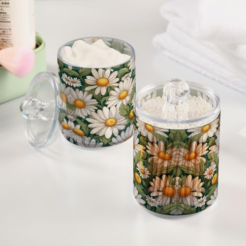Daisies Pattern Qtip Holder 2 Pack - 10 Oz Clear Plastic Apothecary Jar Set for Bathroom Organization - Versatile Canister Storage for Cotton Balls, Swabs, Rounds