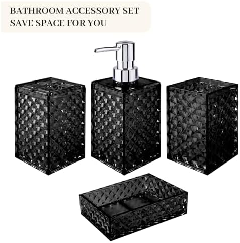 Bathroom Accessory Set, Grid Pattern 4 Pcs Plastic Bathroom Set, Black