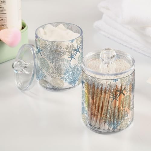 ALAZA Beach Coastal Starfish Bathroom Canister Set of 2 Seashell Coral Qtip Holder Clear Plastic Jars Holder Dispense Bathroom Organizer Storage Jars with Lids Home Decor