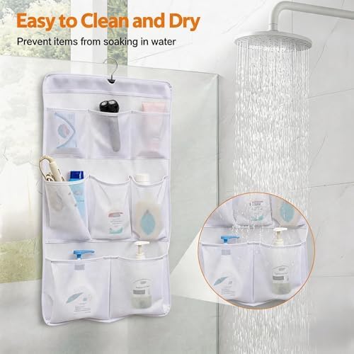 MISSLO 8 Pockets Mesh Shower Organizer Hanging Caddy with Rotating Hanger Quick Dry Bathroom Storage (White)