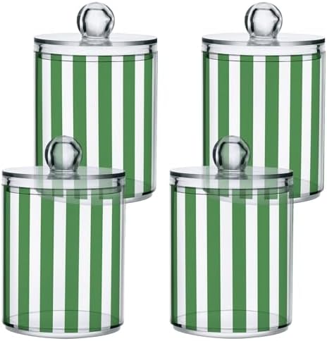 ALAZA Green White Striped 2 Pack Qtip Holder Dispenser for Cotton Swabs, Balls, Pads, Floss 10 oz Plastic Canister Organizer