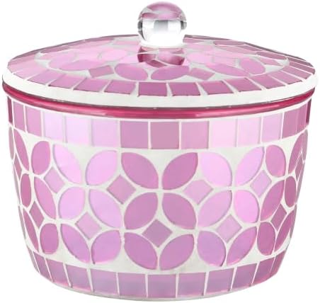 Bathroom Qtip Holder, Pink Floss Pick Dispenser, Canister Jar Qtip Dispenser Holder Mosaic Glass with Lid- for Cotton Swabs,Bath Salts, Hair Band, Cotton Balls and Candy Jar