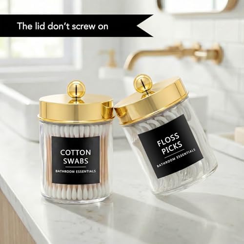 Amolliar Glass Apothecary Jars Qtip Holder w/Plastic Lids, Gold 4pc