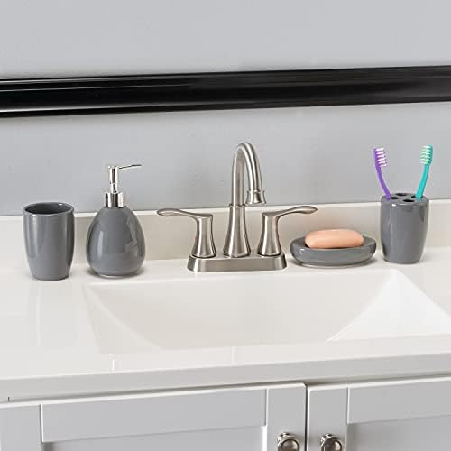 4-Piece Ceramic Bathroom Set (Grey), By Home Basics | Contemporary Design Bathroom Accessory Sets | Accessories For Bathroom | Includes Soap Dish, Tumbler, Toothbrush Holder, and Lotion Dispenser