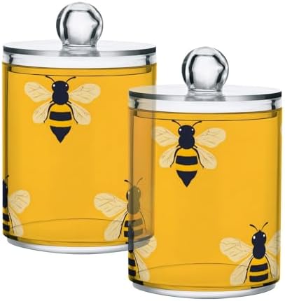 2 Pack Qtip Holder Organizer Dispenser Bees Yellow Pattern Bathroom Storage Canister Cotton Ball Holder Container for Cotton Pads/Swabs/Floss