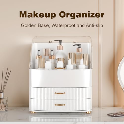 Makeup Organizer Countertop Vanity with Transparent Lid Drawers Waterproof Dustproof Cosmetic Skincare Bathroom Storage Gift for Women Teens Girls (White)