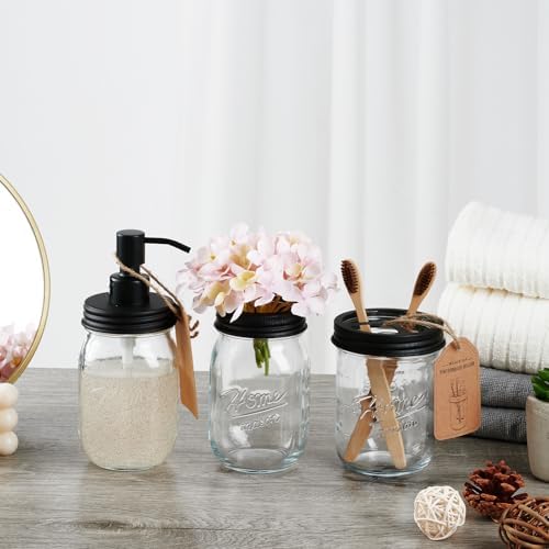 SheeChung 2 Piece Mason Jar Soap Dispenser and Toothbrush Holder Set, Black