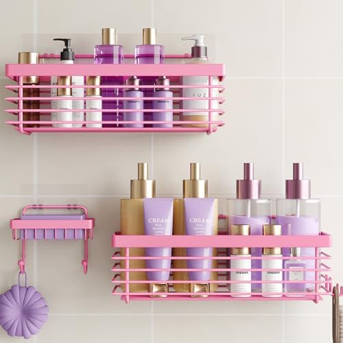 Shower Caddy Adhesive 3 Pack Stainless Steel Storage Organizers-Pink