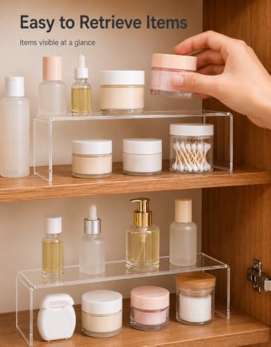 2 Pack Acrylic Medicine Cabinet Organizer, Narrow Bathroom Mirrior Cabinet Storage Shleves, Clear Acrylic Risers for Vanity, Kitchen & RV (11.34 x 2.95 x 3.66 in)