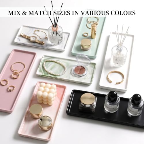 10″ x 3.5″ Ceramic Bathroom Vanity Tray, Rectangular Decorative Countertop Tray for Bathroom Kitchen, Ceramic Organizer Tray for Perfume, Candle, Jewelry, Cosmetics, Soap Dispenser, Marble Green