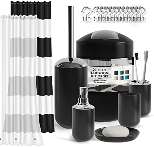 Clara Clark Bathroom Set - Black Bathroom Accessories Set, 20PC Bathroom Accessory Set, Shower Curtain Set, Soap Dispenser, Toilet Brush, & Trash Can