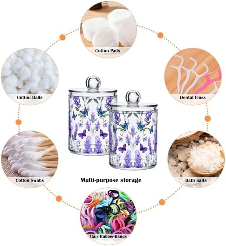 MNSRUU 2 Pack Qtip Holder Organizer Dispenser Butterfly Lavender Bathroom Storage Canister Cotton Ball Holder Bathroom Containers for Cotton Swabs/Pads/Floss