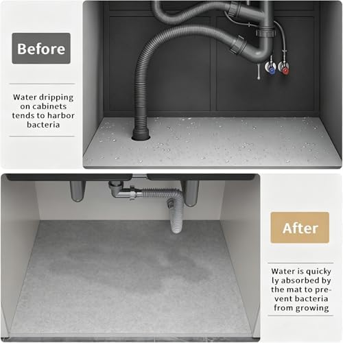 Under Sink Mats-39" x 31" (Cut-to-Fit) Absorbent Shelf Liner for Kitchen&Bathroom Cabinets | Non-Slip, Quick-Dry Cabinet Liner for Under Sink, Vanity & Utility Storage (Light Grey,39''x31'')