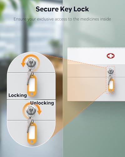 Uniclife Wall Mount Medicine Cabinet with Key Lock Locking First Aid Cabinet Lockable Medical Cabinet Small Medicine Organizer Secure Steel Wall Cabinet Metal Storage Box, White