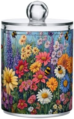 MNSRUU 2 Pack Qtip Holder Organizer Dispenser Floral Daisy Bee Spring Bathroom Storage Canister Cotton Ball Holder Bathroom Containers for Cotton Swabs/Pads/Floss