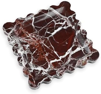 Scalloped Square Marble Decorative Tray, Natural Stone Vanity & Jewelry Tray, Trinket Organizer for Ring, Key, Dresser, Nightstand, Bathroom Counter & Kitchen Sink(Rosso Lepanto)