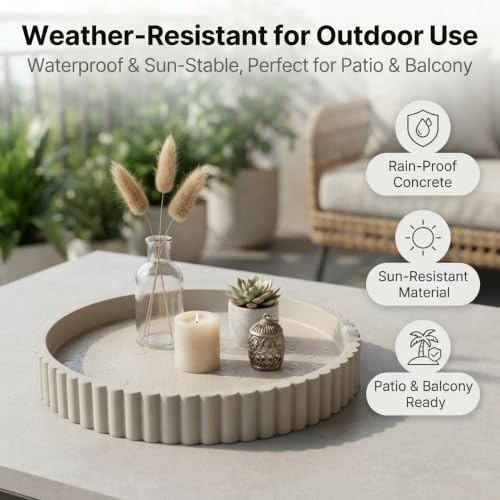 Round Solid Concrete Tray, Fluted Centerpiece for Coffee Table Decor 11"
