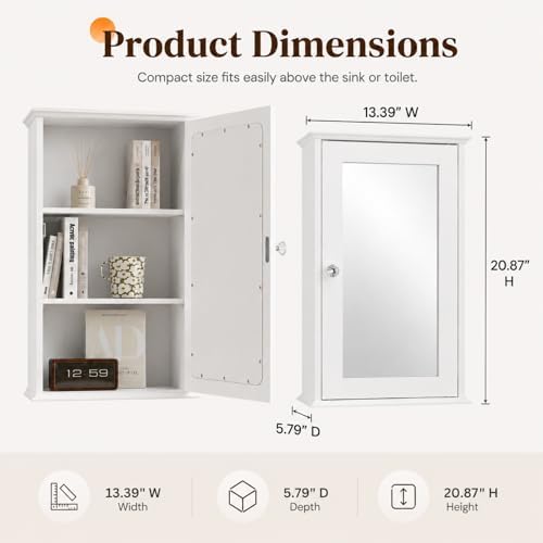 Bonnlo White Mirrored Medicine Cabinet - Wall Mounted Bathroom Storage Organizer with Single Door, 2 Adjustable Shelves & Magnetic Lock, Small Vanity Cabinet for Over the Toilet/Sink