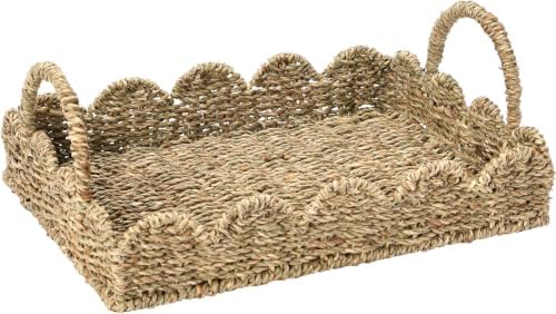 Household Essentials Seagrass Decorative Tray with Scalloped Edge, Handwoven Natural Wicker Organizer Basket with Handles & Iron Frame for Coffee Tables, Bathrooms & Countertops (Pack of 8)