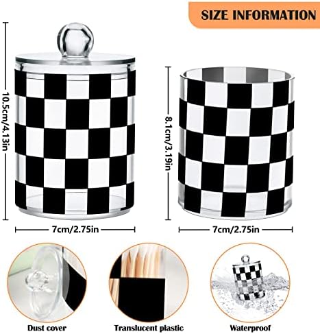 Fustylead 2 Pack Checkered Qtip Holder Dispensers, Plastic Apothecary Jar Bathroom Accessories Set for Cotton Ball, Swab, Round Pads, Floss
