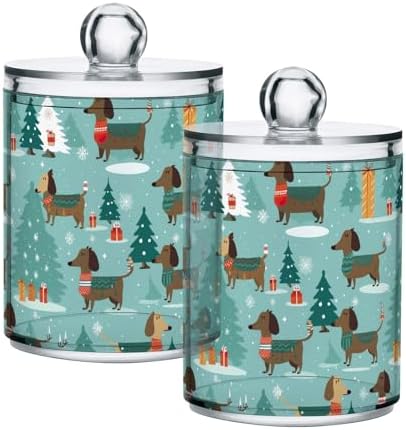 Christmas Dachshunds Clear Plastic Jars Set of 2, Clear Apothecary Plastic Jars Bathroom Canister for Cotton Pads, Cotton Ball, Cotton Swabs, Floss Picks 10 Oz
