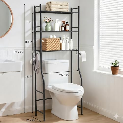 Premium 3-Tier Over The Toilet Storage, Heavy Duty Carbon Steel Bathroom Organizer Space Saver with Paper Holder & Hooks, Freestanding Renter-Friendly Shelves Rack Above Commode, Matte Black (63" H)