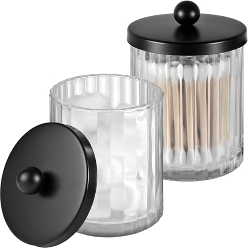 Amolliar Qtip Holder Dispenser, Clear Glass Apothecary Jar (Black 2 Pack)