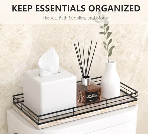 Toilet Paper Basket Organizer, Ash Wood Toilet Tank Tray with Metal Frame