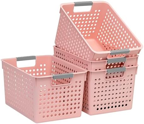 Soddeph 4 Pack Plastic Deep Storage Basket with Handles, Cubbies Organizer Bins with Hollow Design for Under Counter, Closet, Kitchen or Bathroom 12.3" × 8.7" × 6.9"(Pink, Medium)