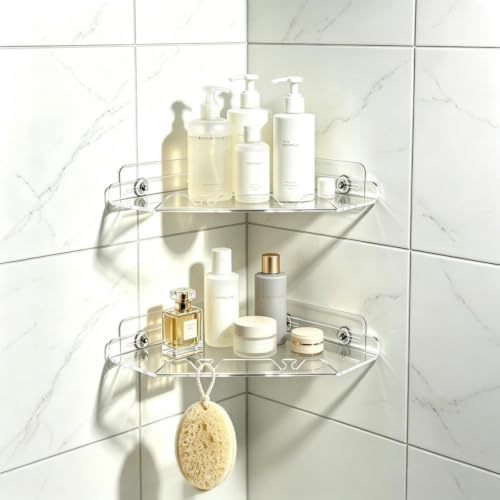 Corner Shower Caddy Shelf Rack 2 Tier Adhesive Shower Organizer Essentials - No Drilling Acrylic Bathroom Storage Rack with Hooks No Drilling Shelves (10"x10" 2 tier clear)