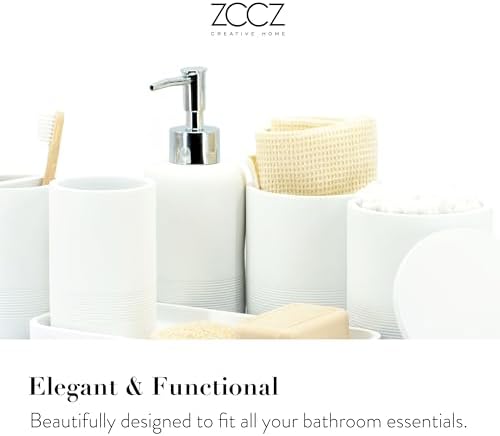 ZCCZ White Bathroom Accessories Set 6 Pieces - Toothbrush Holder, Lotion Dispenser, Qtip Container, Vanity Tray, Tumbler - Countertop Organizer for Bathrooms - Elegant and Functional Décor Set