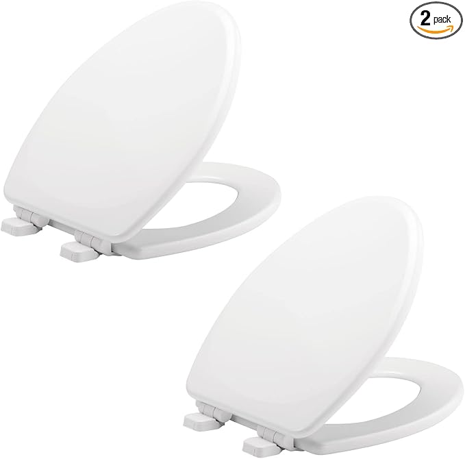 Mayfair Linden Slow Close Toilet Seat, Non Slip Heavy Duty Wood, Easy Install, Made in USA, Elongated, White, 2 Pack
